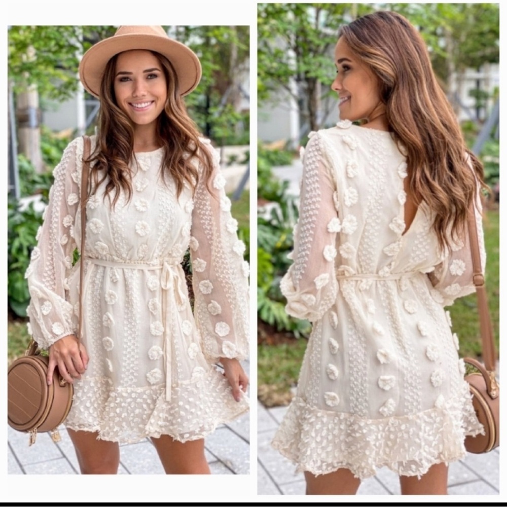 Elegant &Merci Cream Floral Polka Dot Boho Dress L